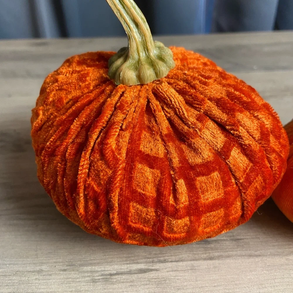 2 Orange Crushed Velvet‎ Stuffed Pumpkins- Fabric Stuffed Pumpkins Fall Decor